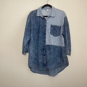 Cato Patchwork Stripped Acid Wash Button‎ Up Collared Tunic Cotton Top Sz XL